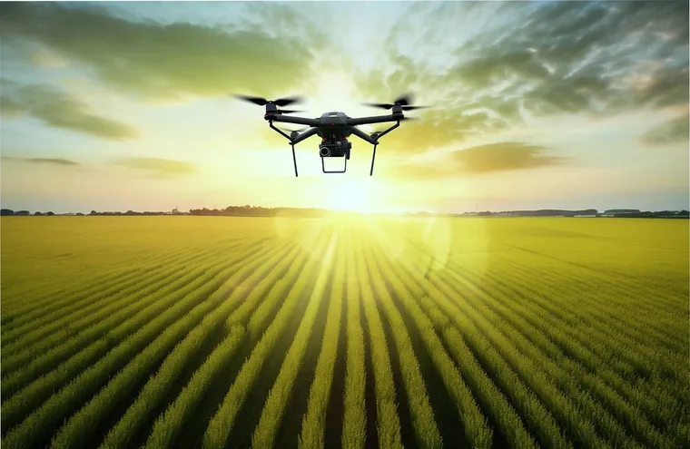 Drone flying over an agricultural field