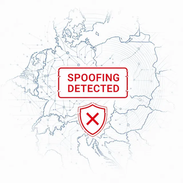 Map of Europe with a spoofing-detected alert